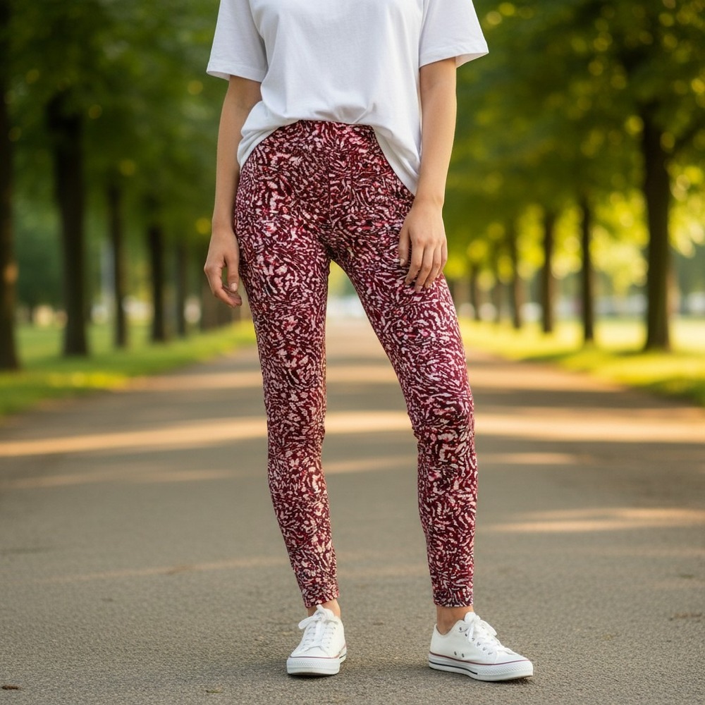 Under Armour HeatGear Compression Leggings Burgundy White Swirl Print Large